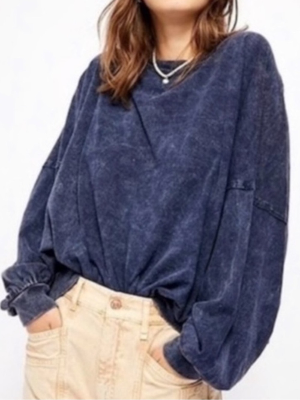 We The Free Acid Washed Navy Blue Pullover  Skouchy Boho Cozy Small